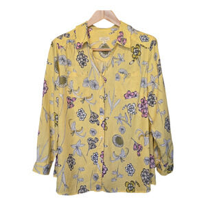 Charter Club 100% Linen Button Up Womens Size 2X Yellow Floral Print Roll-Tab